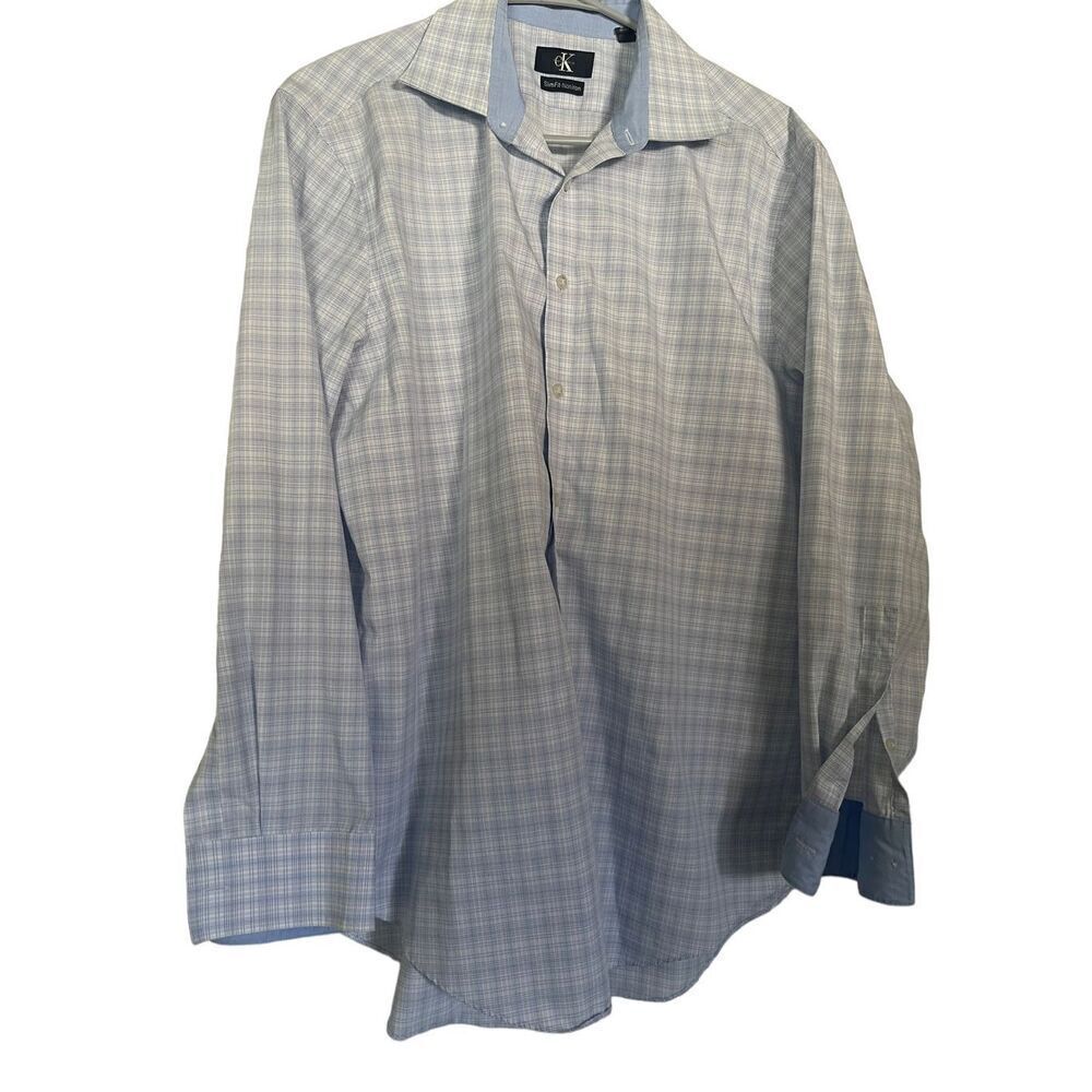Calvin Klein Men's Button-Up Plaid Blue Non Iron Slim Fit Dress Shirt Size L